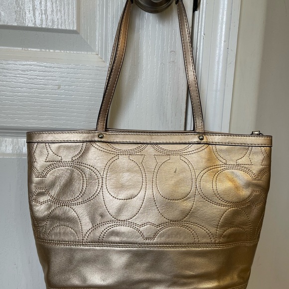 Coach Metallic Gold Signature Stitched Leather Tote - Picture 2 of 13